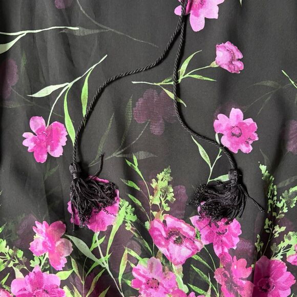 Dennis Basso Black Sheer Black Peasant Top with Floral Graphic + Tassels size M - Picture 4 of 8